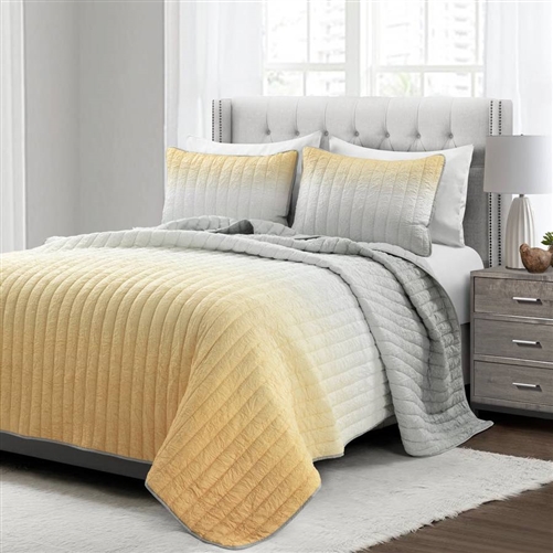 King Size Yellow Grey Ombre Crinkle 3 Piece Quilt Set