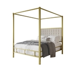 King size Gold Metal Canopy Bed with Upholstered Button-Tufted Headboard