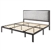 King Black Metal Platform Bed Frame with Tall Grey Linen Upholstered Headboard