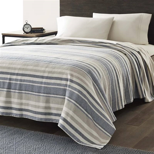 King size Navy Blue Tan Cream Chevron Stripe Lightweight Cotton Blanket