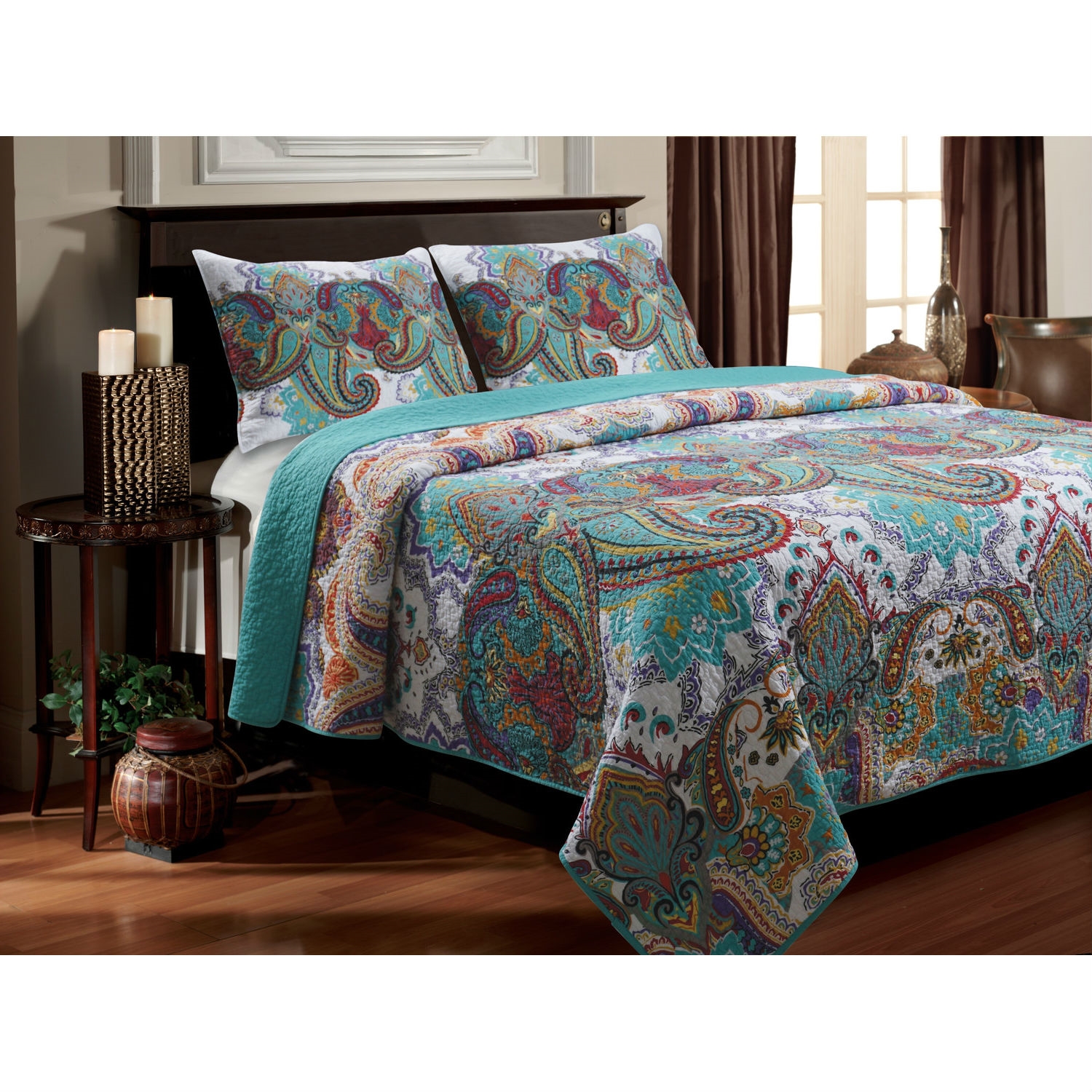King size 100-Percent Cotton Quilt Set in Teal Paisley Pattern - Preshrunk  | FastFurnishings.com