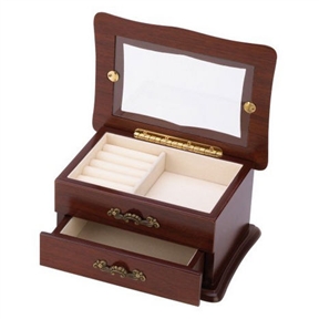 Glass Window Top Keepsake Jewelry Box in Medium Brown Wood Finish