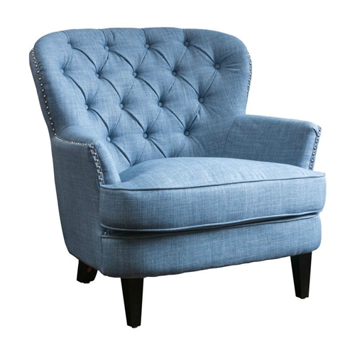 Light Blue Mid-Century Tufted Upholstered 100% Linen Armchair