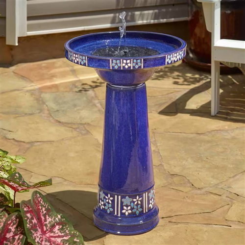 Outdoor Blue Ceramic 1.5 Gallon Bird Bath with Solar Fountain