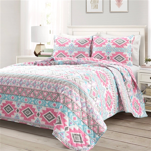 Twin Size American Indian Style Polyester Pink Blue Striped Reversible Quilt Set