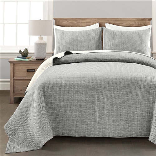 Full/Queen Size 3-Piece Reversible Cotton Yarn Woven Coverlet Set in Grey/Cream
