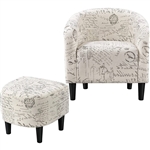 Letter Print French Upholstered Barrel Chair and Ottoman Set