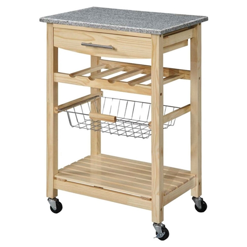 Natural Wood Finish Kitchen Island Cart with Granite Top