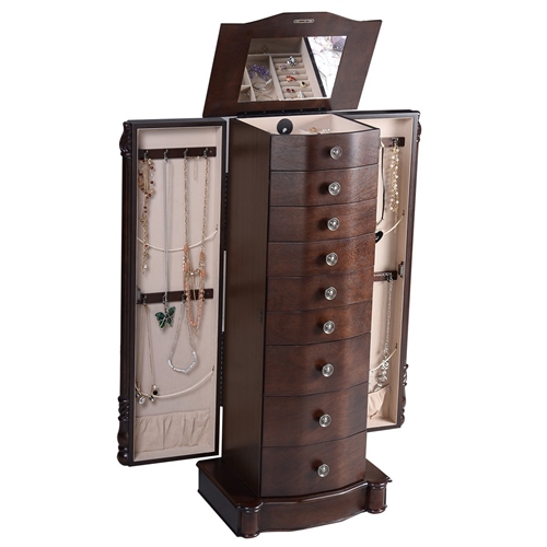 Dark Brown Wood Jewelry Armoire Storage Chest with Mirror