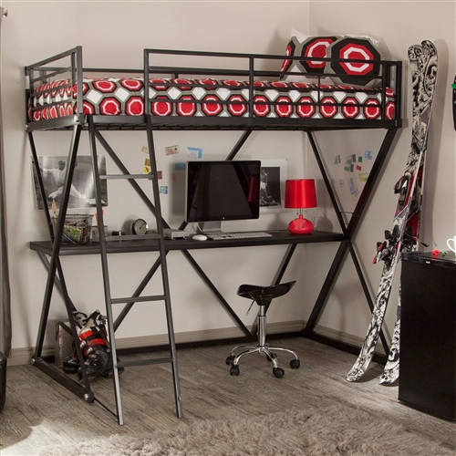 Modern Twin over Desk Loft Bed with Ladder in Black Metal Finish