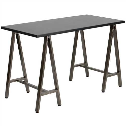 Modern Black Top Writing Table Computer Desk with Brown Metal Legs