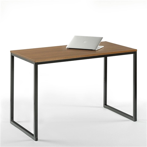 Modern Home Office Desk with Black Metal Frame and Brown Wood Top