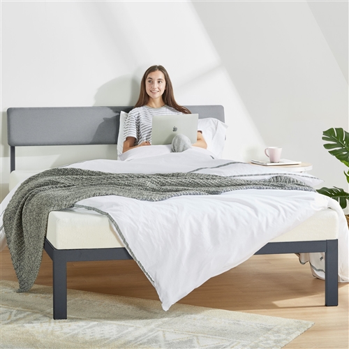 Full Size Grey Soft Fabric Metal Headboard Modern Platform Bed Wooden Slats