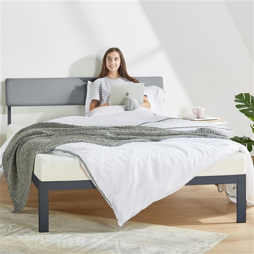 King Size Grey Soft Fabric Metal Headboard Modern Platform Bed Wooden Slats