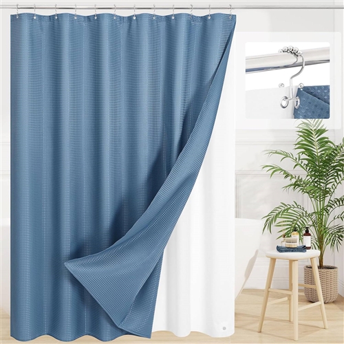 72"W x 72"L Blue Waffle Textured 3 in 1 Shower Curtain Set