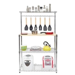 Carbon Steel Kitchen Bakers Rack with MDF Wood Shelf and Hanging Bar with Hooks