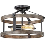 Round 13-inch Metal Wood Farmhouse 2-Light Ceiling Lamp - Semi-Flush Mount