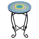 Indoor/Outdoor Blue Yellow Green Mosaic Round Side Accent Table Plant Stand