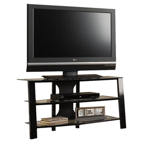 Contemporary 40-inch Black Metal TV Stand with Clear Glass Shelves