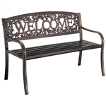 Outdoor Weather Resistant Metal Garden Bench with Welcome Floral Back