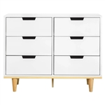 Modern Mid-Century Style 6-Drawer Double Dresser in White Natural Wood Finish