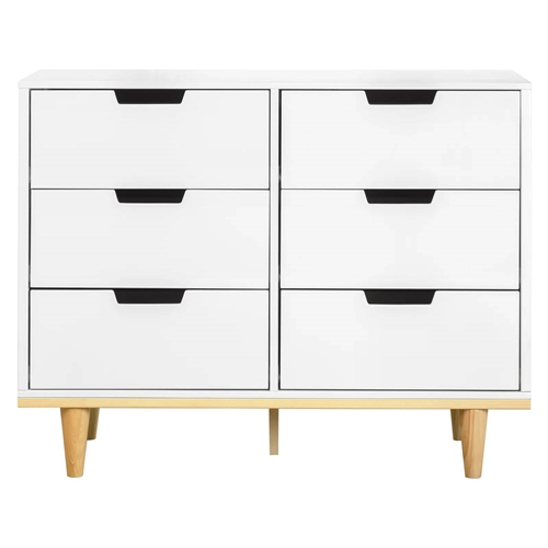 Modern Mid-Century Style 6-Drawer Double Dresser in White Natural Wood Finish