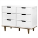 Modern Mid-Century Style 6-Drawer Double Dresser in White Walnut Wood Finish