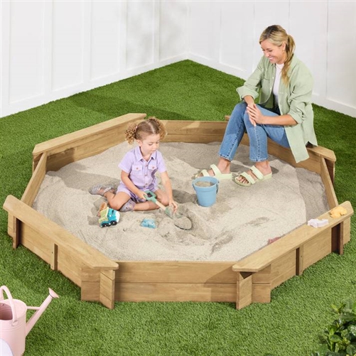 Natural  Wooden Kid's Octagonal Sandbox w/ Sand Cover 4 Reinforced Benches, 8 Seats