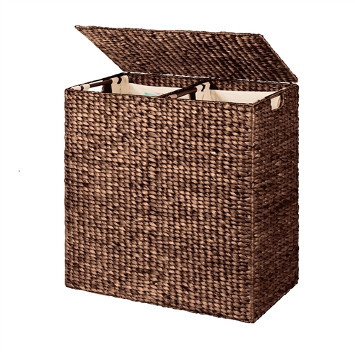 Espresso 2-Bin Handwoven Hyacinth Linen Liner Laundry Hamper w/ Handles