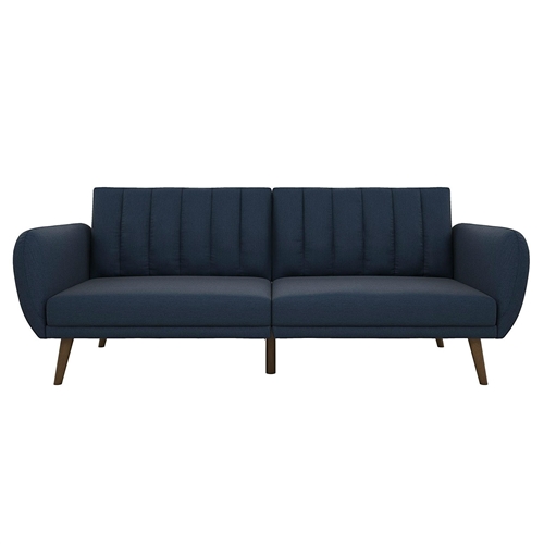 Modern Navy Blue Linen Upholstered Sofa Bed Futon with Mid-Century Style Wood Legs