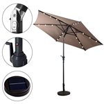 Tan 9-Ft Patio Umbrella with Steel Pole Crank Tilt and Solar LED Lights