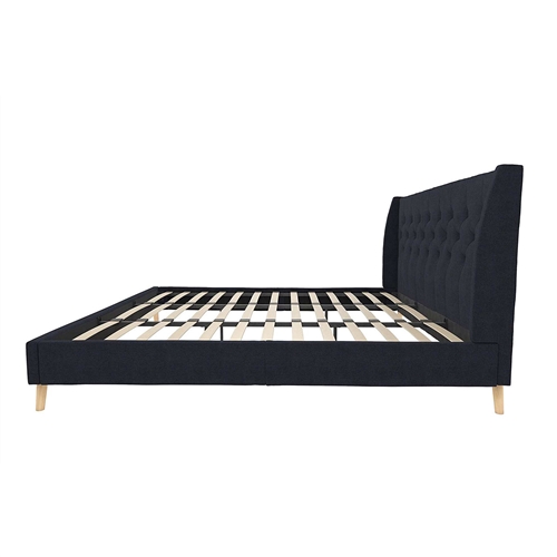 King Mid-Century Style Navy Blue Linen Upholstered Wingback Platform Bed