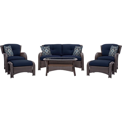 Outdoor 6-Piece Resin Wicker Patio Furniture Lounge Set with Navy Blue Seat Cushions