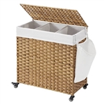 Handwoven PP Wicker 3-Section Laundry Basket Cart with Cotton Liner on Wheels