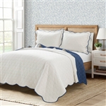 King/Cal King White Navy Scalloped Edge Reversible Thin/Light Quilt Set