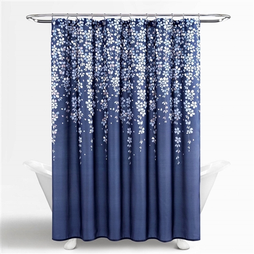 72-inch Navy Blues Floral Flowers Shower Curtain