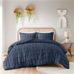 Full/Queen 3 Piece Jacquard Pompom Microfiber Hypoallergenic Comforter Set, Navy