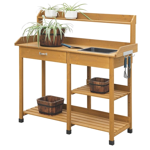 Outdoor Garden Wood Potting Bench Work Table with Sink in Light Oak Finish