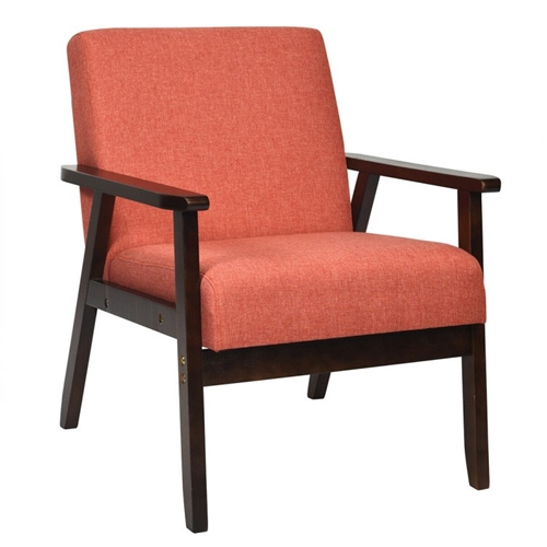Retro Linen Wide Accent Chair w/ Espresso Rubber Wood Frame - Orange