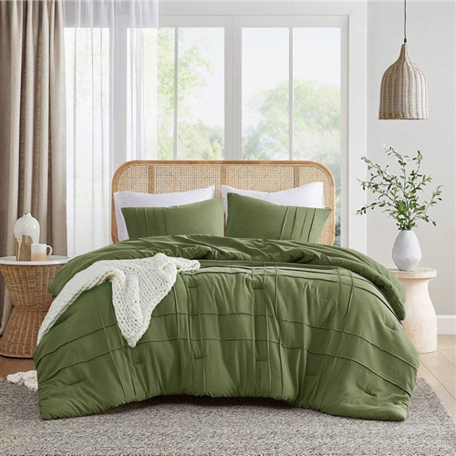 King Size Microfiber Pleated Soft Washed Comforter Set Olive