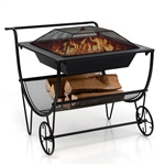 Portable Outdoor Wheeled Log Storage Rack and Wood Burning Fire Pit