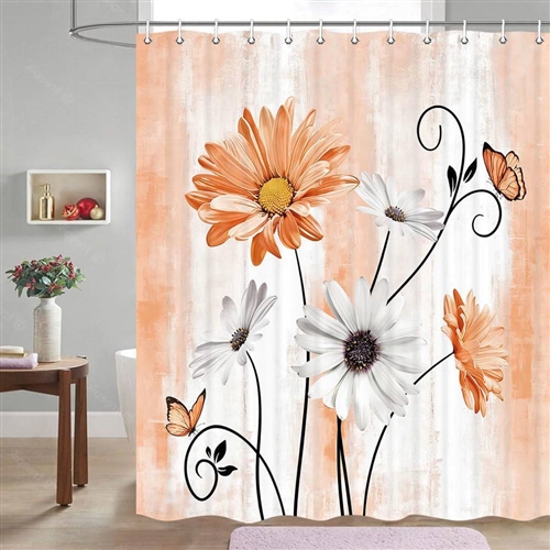 72"W x 78"H Orange Vibrant Floral Butterfy Polyester Shower Curtain