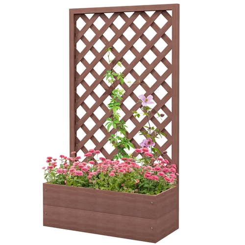Outdoor Brown Wooden Lattice Trellis Raised Garden Bed Planter Box