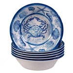 6-Piece Dinner Bowl Set with Blue White Ocean Sea Shells Crab Starfish Pattern