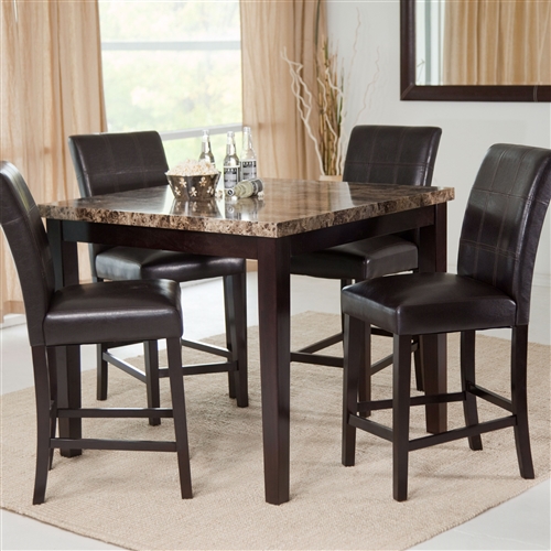 Counter Height 5-Piece Dining Set with Faux Marble Top Table and 4 Faux Leather Chairs