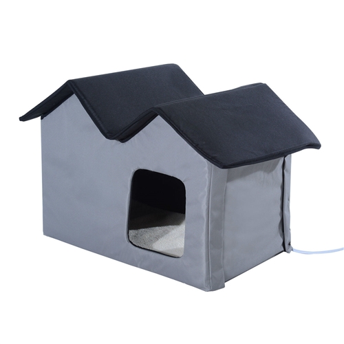 Heated Water-proof Double Wide Outdoor Cat Dog House Foldable Grey