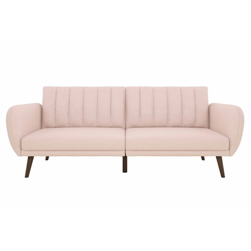 Pink Linen Futon Sofa Bed with Modern Mid-Century Style Wooden Legs