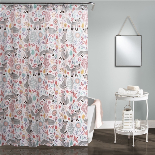 72-inch Pink Grey Floral Fox Polyester Shower Curtain