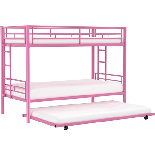 Pink Metal Twin over Twin Bunk Bed with Twin size Roll-Out Trundle Bed Frame