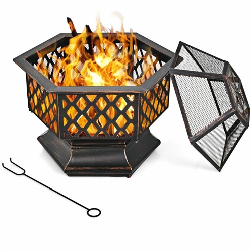 Portable Hex Shaped Wood Burning Fire Pit with Cover and Poker